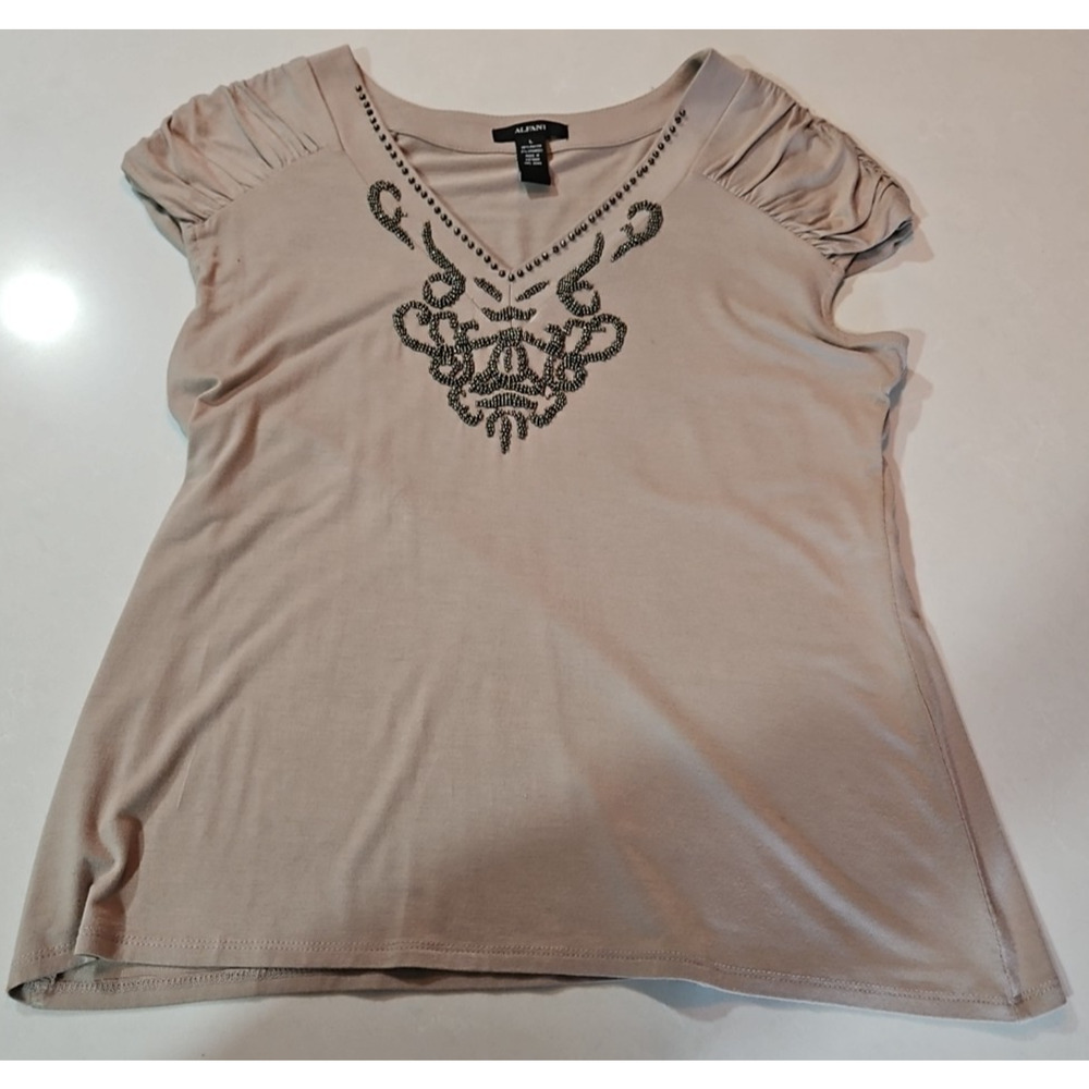 Alfani Embellished V Neck Top Tan Ruched Short Cap Sleeve Beaded Blouse Large